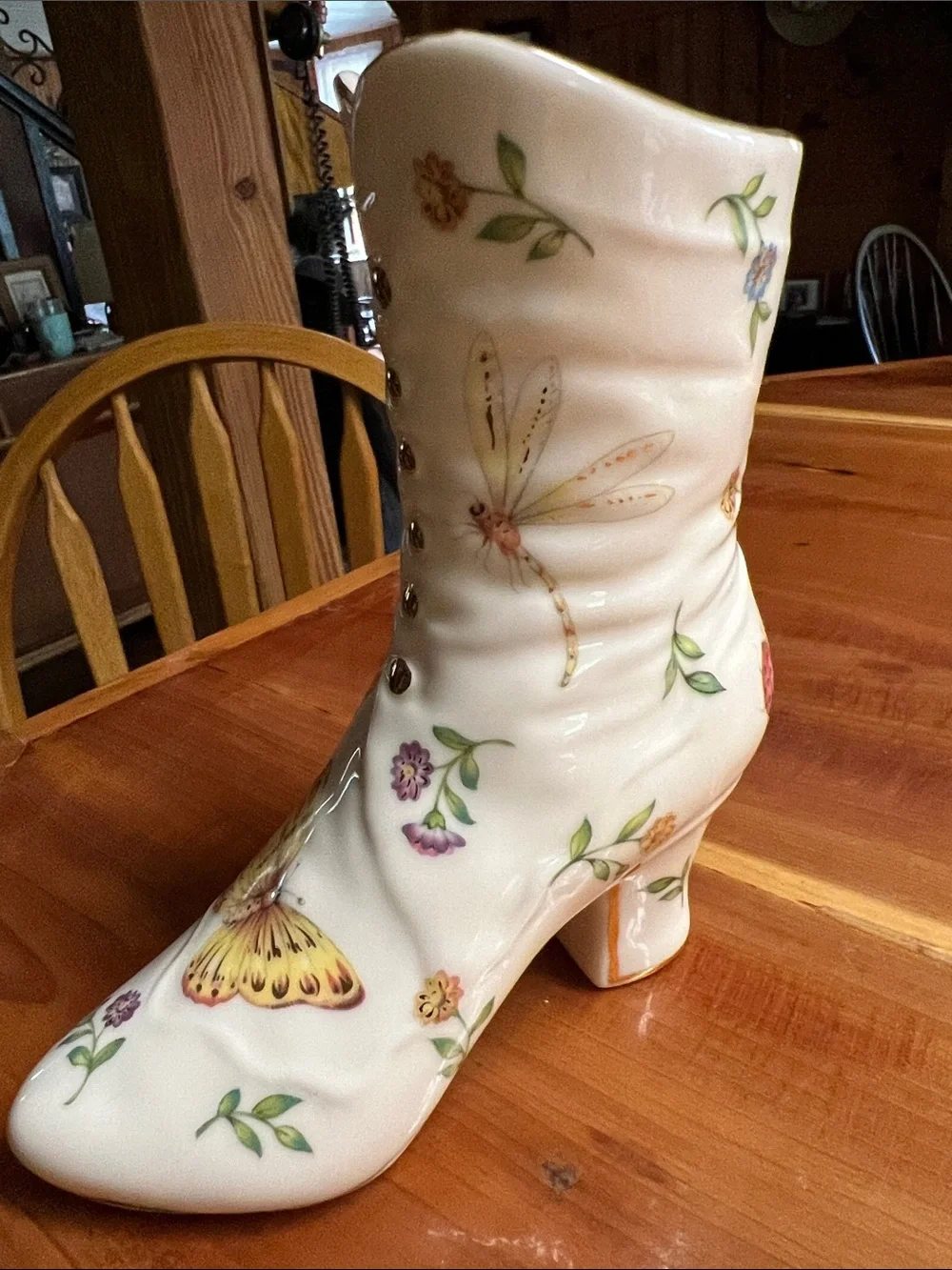 Vintage White Ankle Boot Heels with Yellow Butterfly, Dragonfly & Floral Vase
